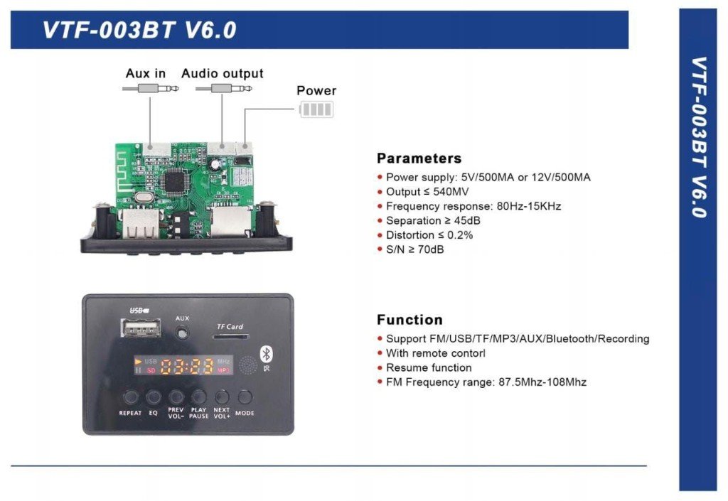 VTF-003BT V6.0 Bluetooth MP3 Decoder
