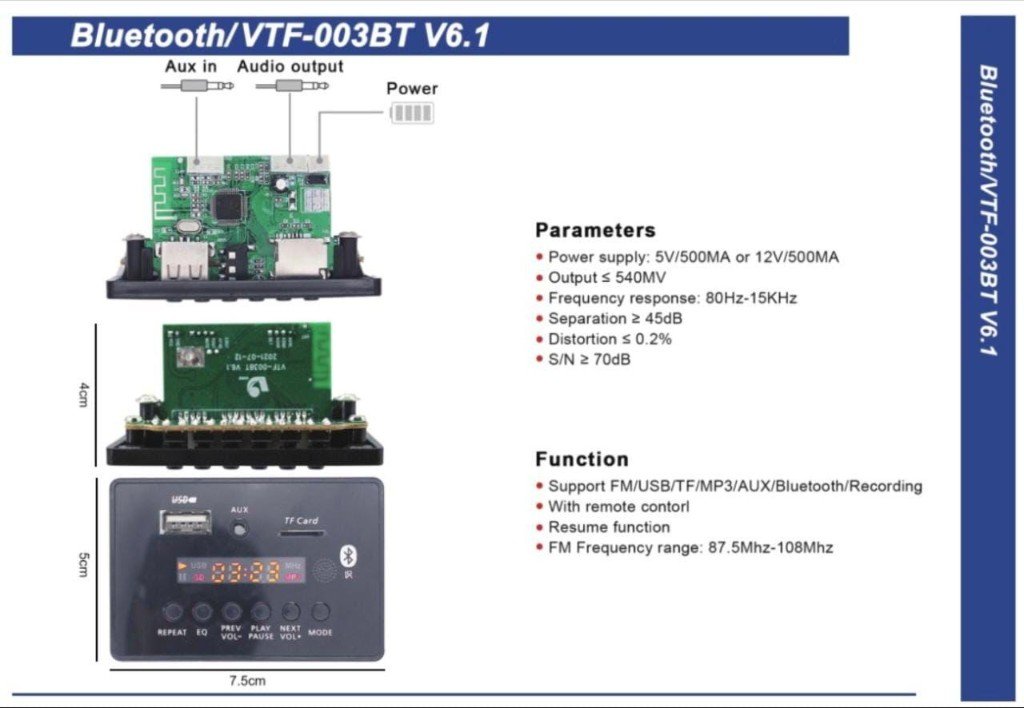 VTF-003BT V6.1 Bluetooth MP3 Decoder