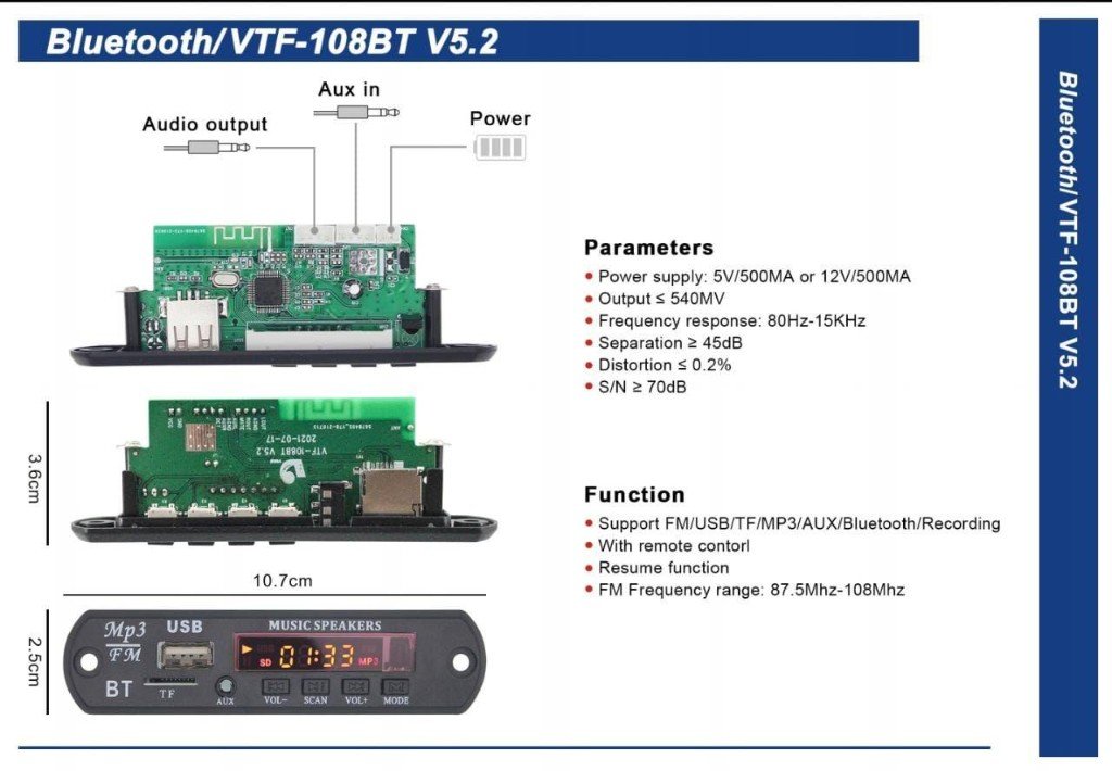 VTF-108BT V5.2 Bluetooth MP3 Decoder